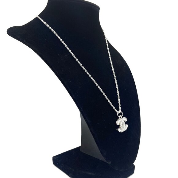 Authentic CHANEL CC Rhinestone Charm Pendant Necklace Silver Chain - Picture 3 of 9